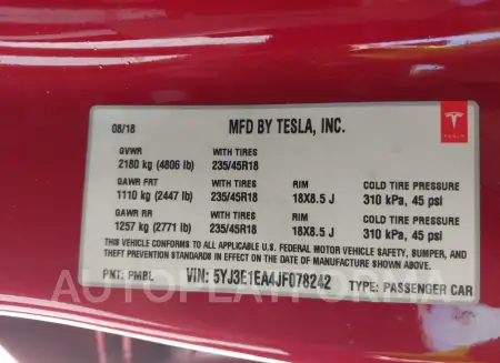 TESLA MODEL 3 2018 vin 5YJ3E1EA4JF078242 from auto auction Iaai