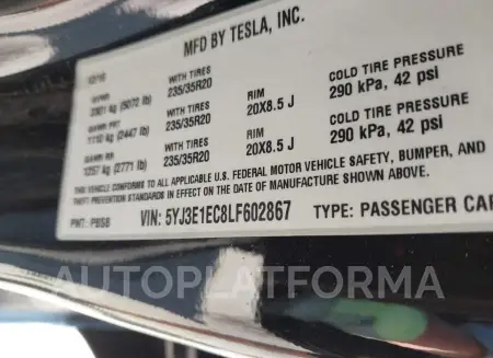 TESLA MODEL 3 2020 vin 5YJ3E1EC8LF602867 from auto auction Iaai