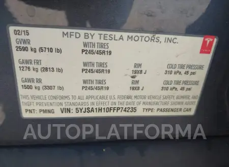 TESLA MODEL S 2015 vin 5YJSA1H10FFP74235 from auto auction Iaai