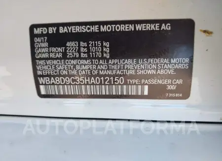 BMW 330I 2017 vin WBA8D9C35HA012150 from auto auction Iaai