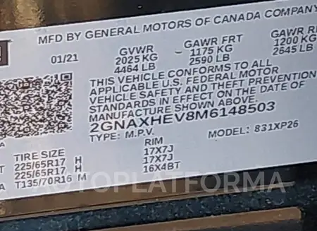 CHEVROLET EQUINOX 2021 vin 2GNAXHEV8M6148503 from auto auction Iaai