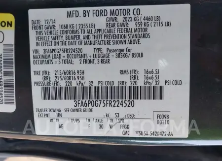 FORD FUSION 2015 vin 3FA6P0G75FR224520 from auto auction Iaai