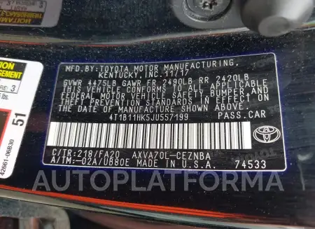 TOYOTA CAMRY 2018 vin 4T1B11HK5JU557199 from auto auction Iaai