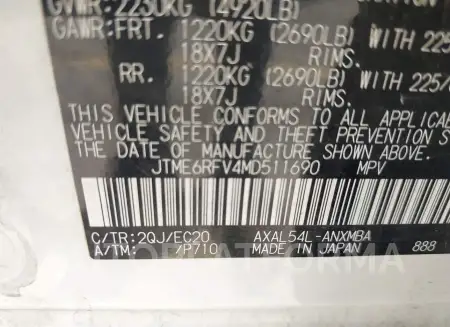 TOYOTA RAV4 HYBRID 2021 vin JTME6RFV4MD511690 from auto auction Iaai