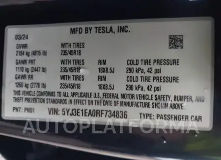 TESLA MODEL 3 2024 vin 5YJ3E1EA0RF734836 from auto auction Iaai