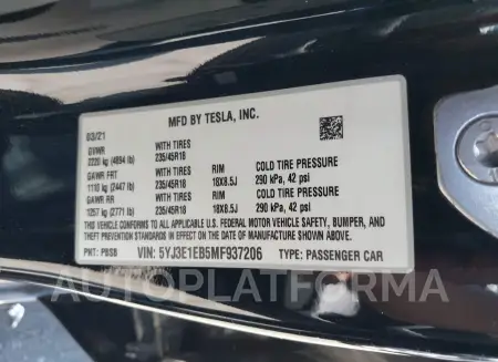 TESLA MODEL 3 2021 vin 5YJ3E1EB5MF937206 from auto auction Iaai