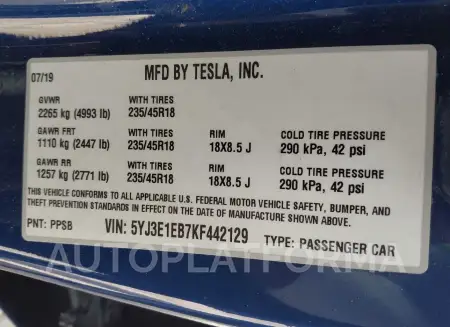 TESLA MODEL 3 2019 vin 5YJ3E1EB7KF442129 from auto auction Iaai