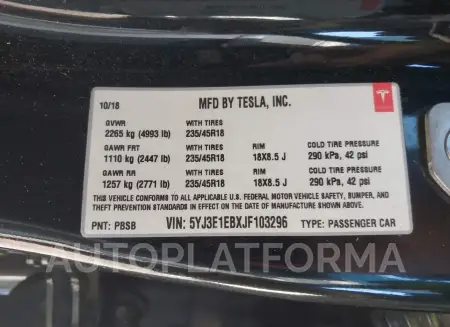 TESLA MODEL 3 2018 vin 5YJ3E1EBXJF103296 from auto auction Iaai