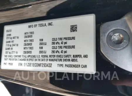 TESLA MODEL 3 2022 vin 5YJ3E1EC0NF293432 from auto auction Iaai