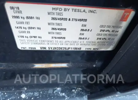 TESLA MODEL X 2018 vin 5YJXCDE26JF119648 from auto auction Iaai