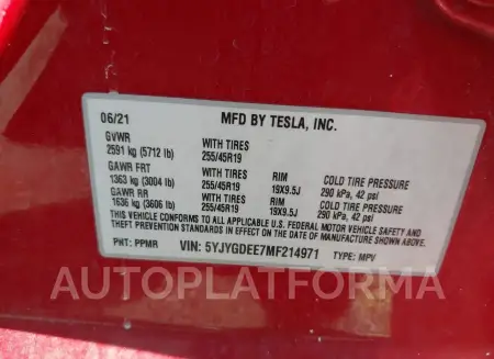 TESLA MODEL Y 2021 vin 5YJYGDEE7MF214971 from auto auction Iaai