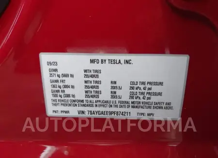 TESLA MODEL Y 2023 vin 7SAYGAEE9PF874211 from auto auction Iaai