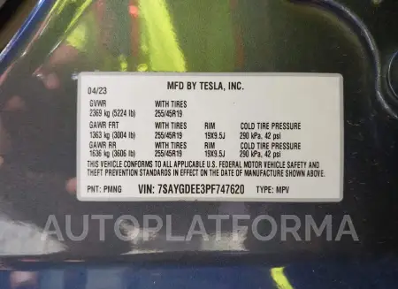 TESLA MODEL Y 2023 vin 7SAYGDEE3PF747620 from auto auction Iaai