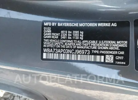 BMW 430I 2022 vin WBA73AP03NCJ96973 from auto auction Iaai