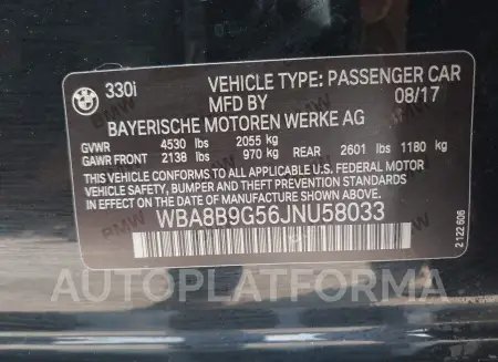 BMW 330I 2018 vin WBA8B9G56JNU58033 from auto auction Iaai