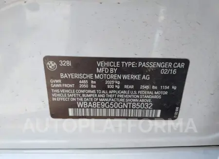 BMW 328I  2016 vin WBA8E9G50GNT85032 from auto auction Iaai