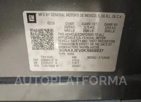 CHEVROLET EQUINOX 2019 vin 3GNAXJEV0KS608937 from auto auction Iaai