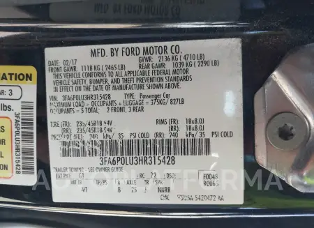 FORD FUSION HYBRID 2017 vin 3FA6P0LU3HR315428 from auto auction Iaai