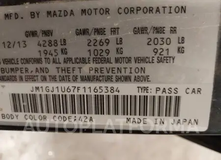 MAZDA MAZDA6 2015 vin JM1GJ1U67F1165384 from auto auction Iaai