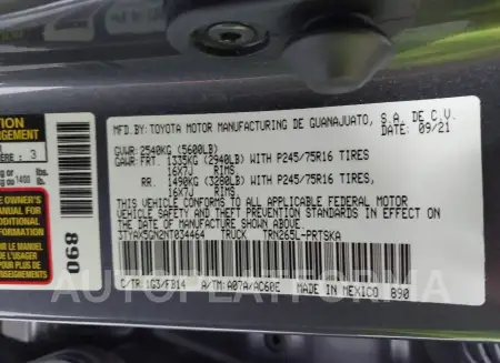 TOYOTA TACOMA 2022 vin 3TYAX5GN2NT034464 from auto auction Iaai