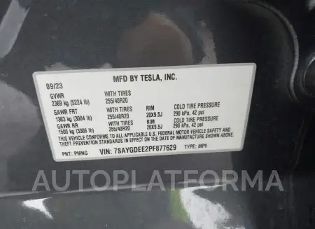 TESLA MODEL Y 2023 vin 7SAYGDEE2PF877629 from auto auction Iaai