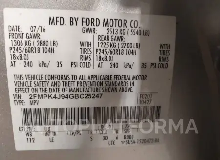 FORD EDGE 2016 vin 2FMPK4J94GBC25247 from auto auction Iaai