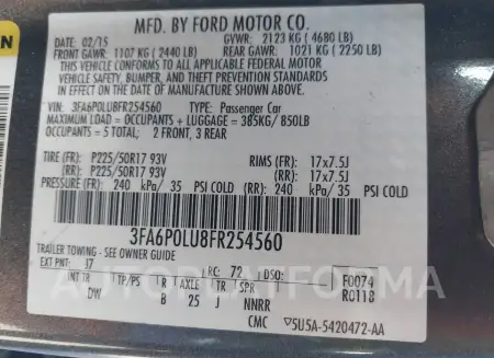 FORD FUSION HYBRID 2015 vin 3FA6P0LU8FR254560 from auto auction Iaai