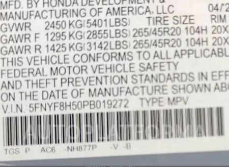 HONDA PASSPORT 2023 vin 5FNYF8H50PB019272 from auto auction Iaai