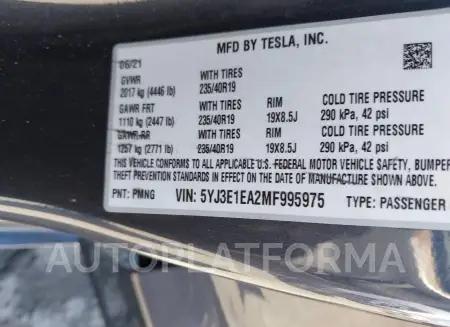 TESLA MODEL 3 2021 vin 5YJ3E1EA2MF995975 from auto auction Iaai