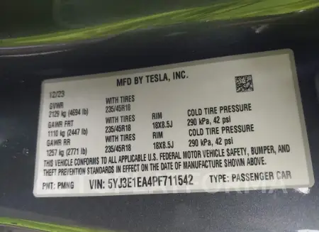 TESLA MODEL 3 2023 vin 5YJ3E1EA4PF711542 from auto auction Iaai