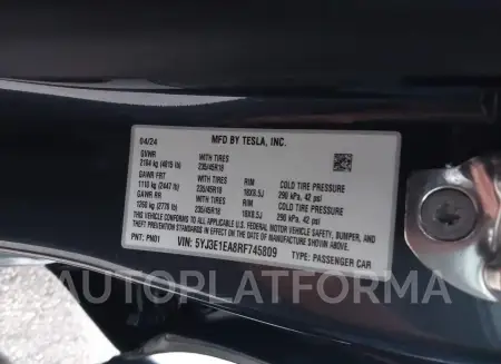 TESLA MODEL 3 2024 vin 5YJ3E1EA8RF745809 from auto auction Iaai