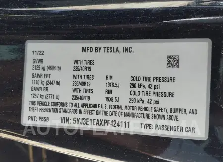 TESLA MODEL 3 2023 vin 5YJ3E1EAXPF424111 from auto auction Iaai