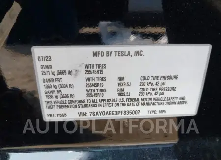 TESLA MODEL Y 2023 vin 7SAYGAEE3PF835002 from auto auction Iaai