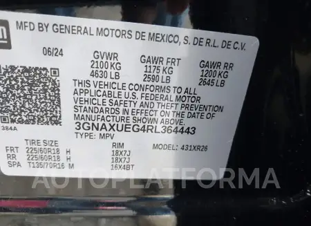 CHEVROLET EQUINOX 2024 vin 3GNAXUEG4RL364443 from auto auction Iaai