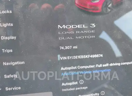 TESLA MODEL 3 2019 vin 5YJ3E1EB5KF496674 from auto auction Iaai