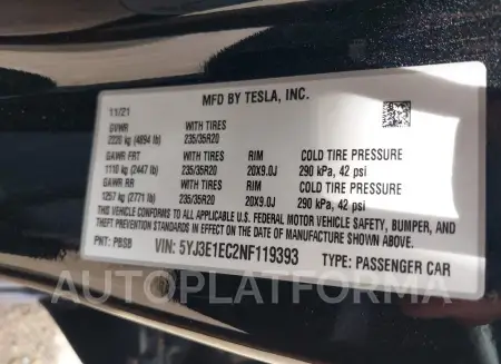 TESLA MODEL 3 2022 vin 5YJ3E1EC2NF119393 from auto auction Iaai