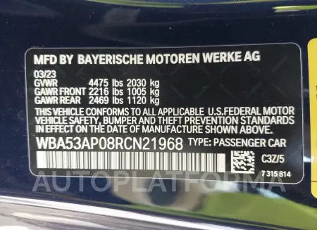 BMW 4 SERIES 2024 vin WBA53AP08RCN21968 from auto auction Iaai