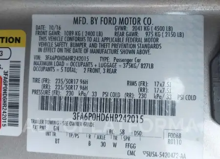 FORD FUSION 2017 vin 3FA6P0HD6HR242015 from auto auction Iaai