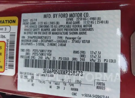 FORD FUSION ENERGI 2019 vin 3FA6P0SUXKR258573 from auto auction Iaai