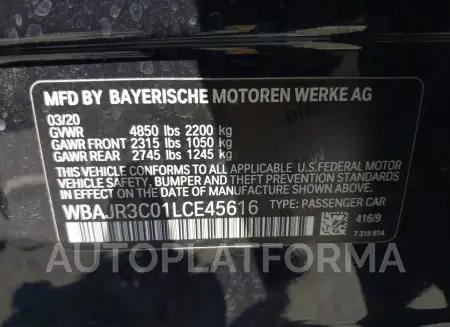 BMW 530I 2020 vin WBAJR3C01LCE45616 from auto auction Iaai