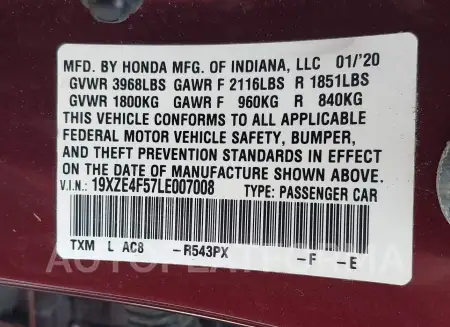 HONDA INSIGHT 2020 vin 19XZE4F57LE007008 from auto auction Iaai