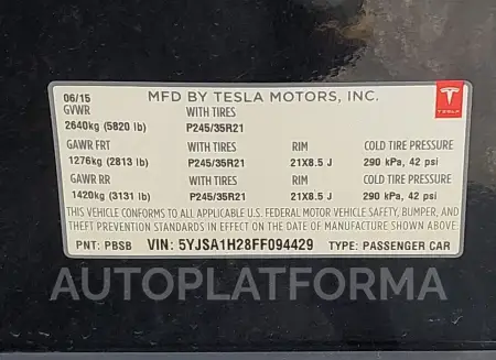 TESLA MODEL S 2015 vin 5YJSA1H28FF094429 from auto auction Iaai