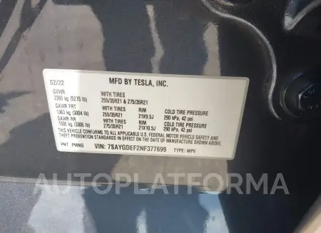 TESLA MODEL Y 2022 vin 7SAYGDEF2NF377699 from auto auction Iaai