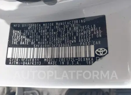 TOYOTA COROLLA 2019 vin 5YFBURHE0KP889067 from auto auction Iaai