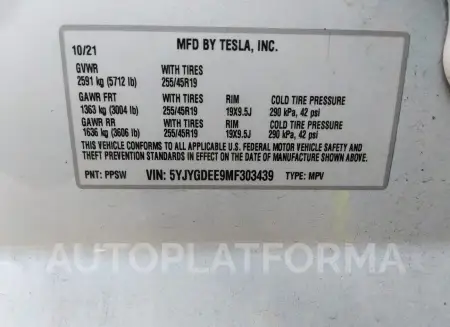 TESLA MODEL Y 2021 vin 5YJYGDEE9MF303439 from auto auction Iaai