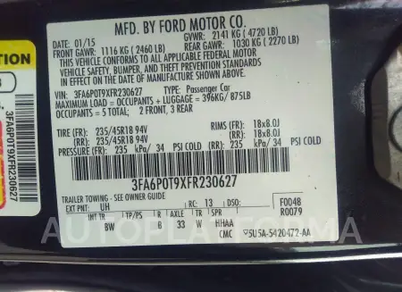 FORD FUSION 2015 vin 3FA6P0T9XFR230627 from auto auction Iaai