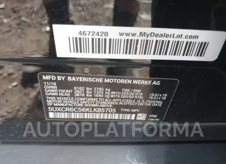 BMW X5 2019 vin 5UXCR6C56KLK85705 from auto auction Iaai