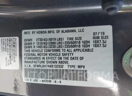 HONDA ODYSSEY 2019 vin 5FNRL6H74KB132332 from auto auction Iaai