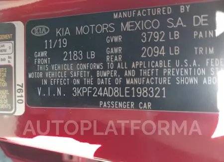 KIA FORTE 2020 vin 3KPF24AD8LE198321 from auto auction Iaai