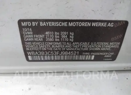 BMW 328I  2015 vin WBA3B3C53FJ984521 from auto auction Iaai